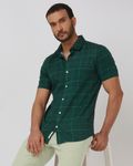 Dark Green Windowpane Check Slim Fit Casual Shirt