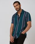 Dark Green Printed Stripe Slim Fit Casual Shirt