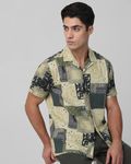 Light Olive Patchwork Print Relaxed Fit Casual Shirt