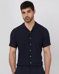 Navy Textured Plain Relaxed Fit Casual Shirt