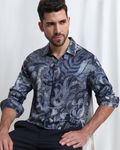 Navy Digital Print Slim Fit Casual Shirt