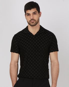 Black Terry-Towel Jacquard Slim Fit Jacquard Polo