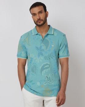 Teal Paisley Print Slim Fit Slub Pique Polo