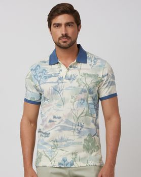 Off White Printed Slim Fit Polo