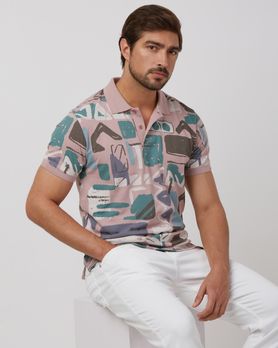 Pastel Pink Printed Slim Fit Polo