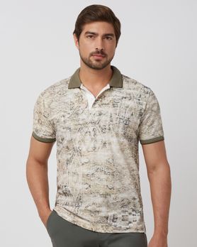 Beige Printed Slim Fit Pique Polo