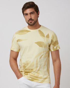 Light Yellow Leaf Print Slim Fit T-Shirt