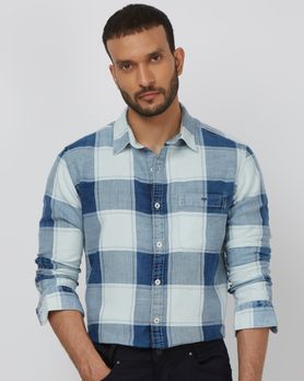 Indigo Blue Denim Check Slim Fit Casual Shirt