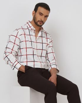 White Printed Check Slim Fit Casual Shirt