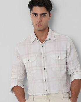 White Large Check Slim Fit Casual Shirt