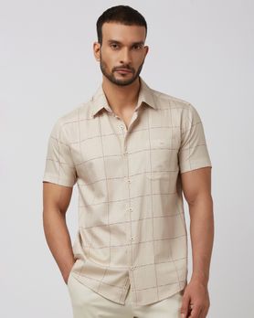 Beige Windowpane Check Slim Fit Casual Shirt