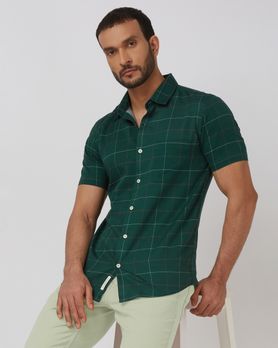 Dark Green Windowpane Check Slim Fit Casual Shirt