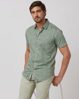 Light Olive Windowpane Check Slim Fit Casual Shirt