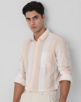 Beige Broad Stripe Slim Fit Casual Shirt