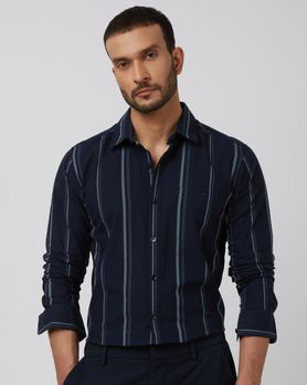 Navy Wide Stripe Slim Fit Casual Shirt