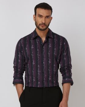Plum Floral Stripe Slim Fit Casual Shirt