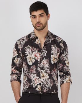 Grey Floral Print Slim Fit Casual Shirt