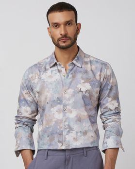 Lilac Floral Print Slim Fit Casual Shirt