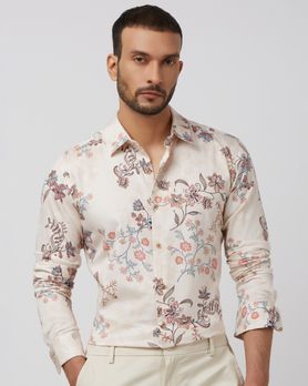 Beige Floral Print Slim Fit Casual Shirt