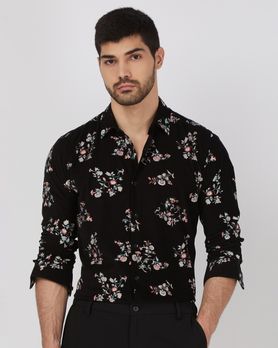 Black Floral Print Slim Fit Casual Shirt