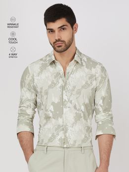 Light Olive Marble Print Stretch Slim Fit Casual Shirt