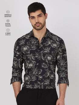 Black Floral Print Stretch Slim Fit Casual Shirt