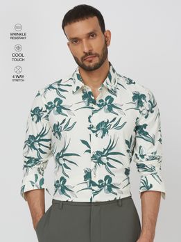 Green Floral Print Stretch Slim Fit Casual Shirt