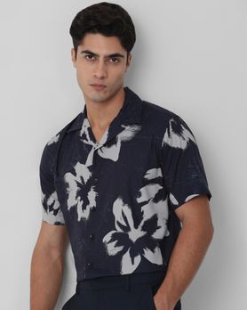 Navy Floral Print Relaxed Fit Casual Shirt