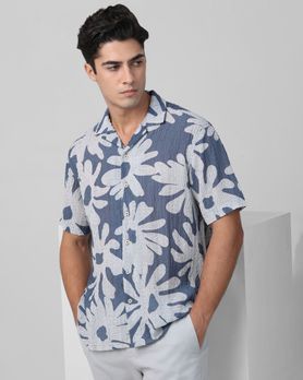 Blue Floral Print Relaxed Fit Casual Shirt