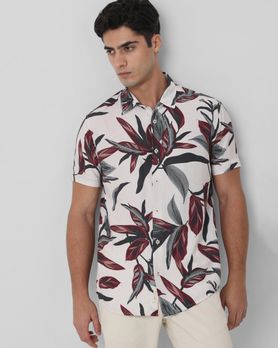Off White Floral Print Slim Fit Casual Shirt