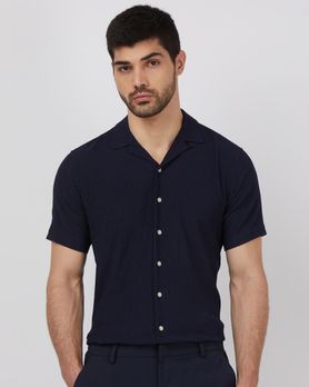 Navy Textured Plain Relaxed Fit Casual Shirt