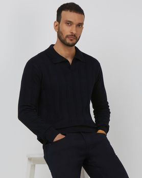 Navy Long Sleeve Flatknit Slim Fit Polo