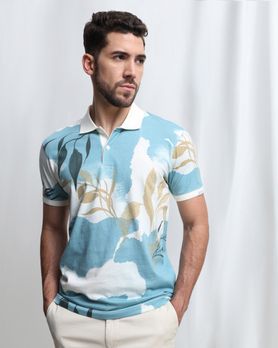 Light Blue Leaf Print Polo