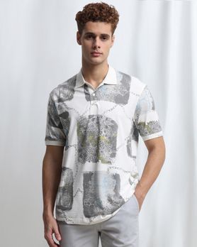 Off White Abstract Print Polo
