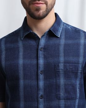 Indigo Blue Denim Check Slim Fit Casual Shirt
