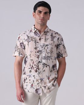 Off White Floral Print Viscose Slim Fit Casual Shirt