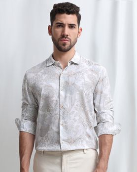 Beige Viscose Print Slim Fit Casual Shirt