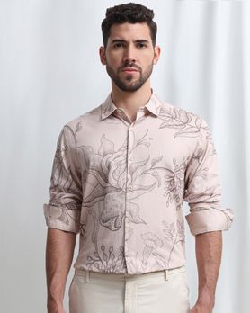 Beige Floral Print Slim Fit Casual Shirt