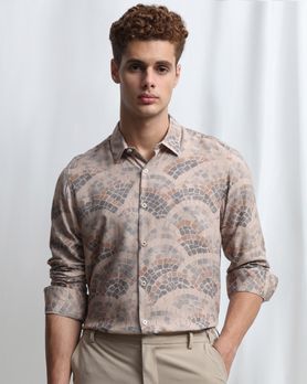 Beige Terrazzo Print Slim Fit Casual Shirt
