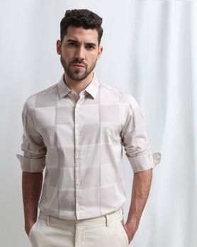 Beige Dobby Check Slim Fit Casual Shirt