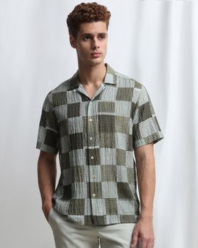 Olive Textured Check Relaxed Fit Casual Shirt