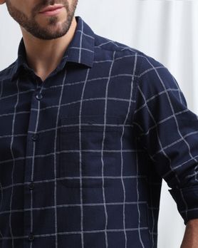 Navy Dobby Check Slim Fit Casual Shirt