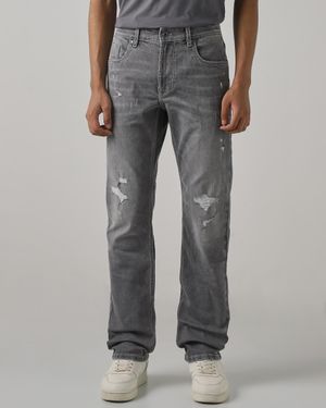 Grey Straight Fit Distressed Jeans
