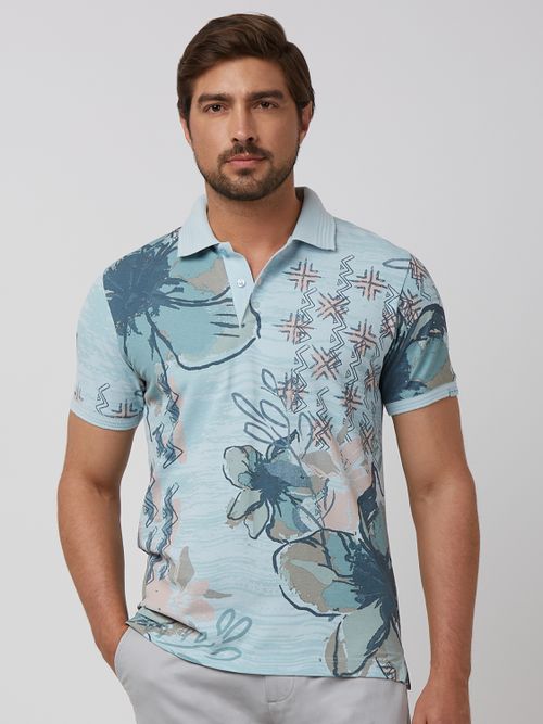 Light Blue Floral Print Slim Fit Polo