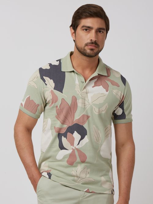 Light Green Floral Print Slim Fit Polo