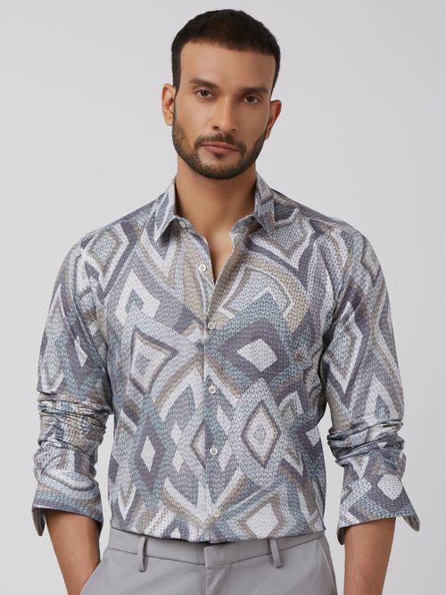 Grey Digital Print Slim Fit Casual Shirt