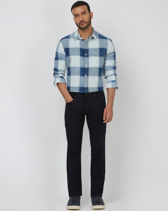 Indigo Blue Denim Check Slim Fit Casual Shirt