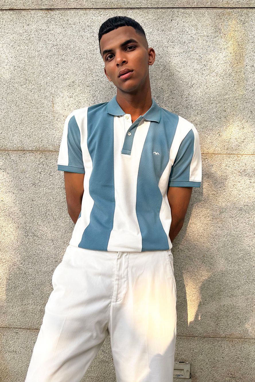 Light Blue & White Stripe Cut & Sew Knnitted Pique Polo T-Shirt