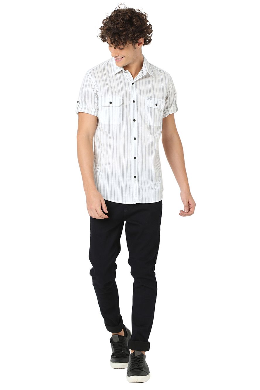 White & Black Stitch Stripe Slim Fit Casual Shirt