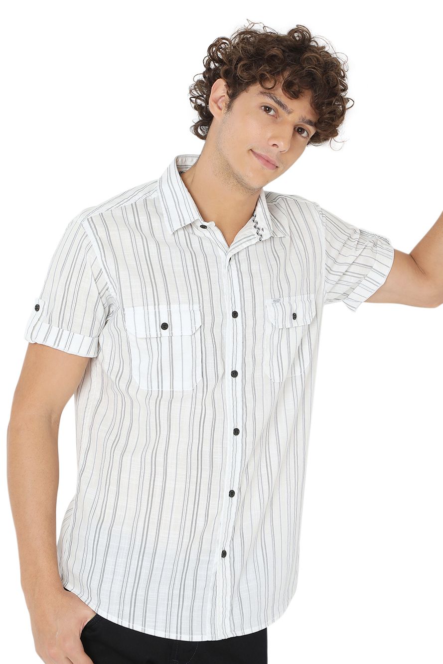 White & Black Stitch Stripe Slim Fit Casual Shirt